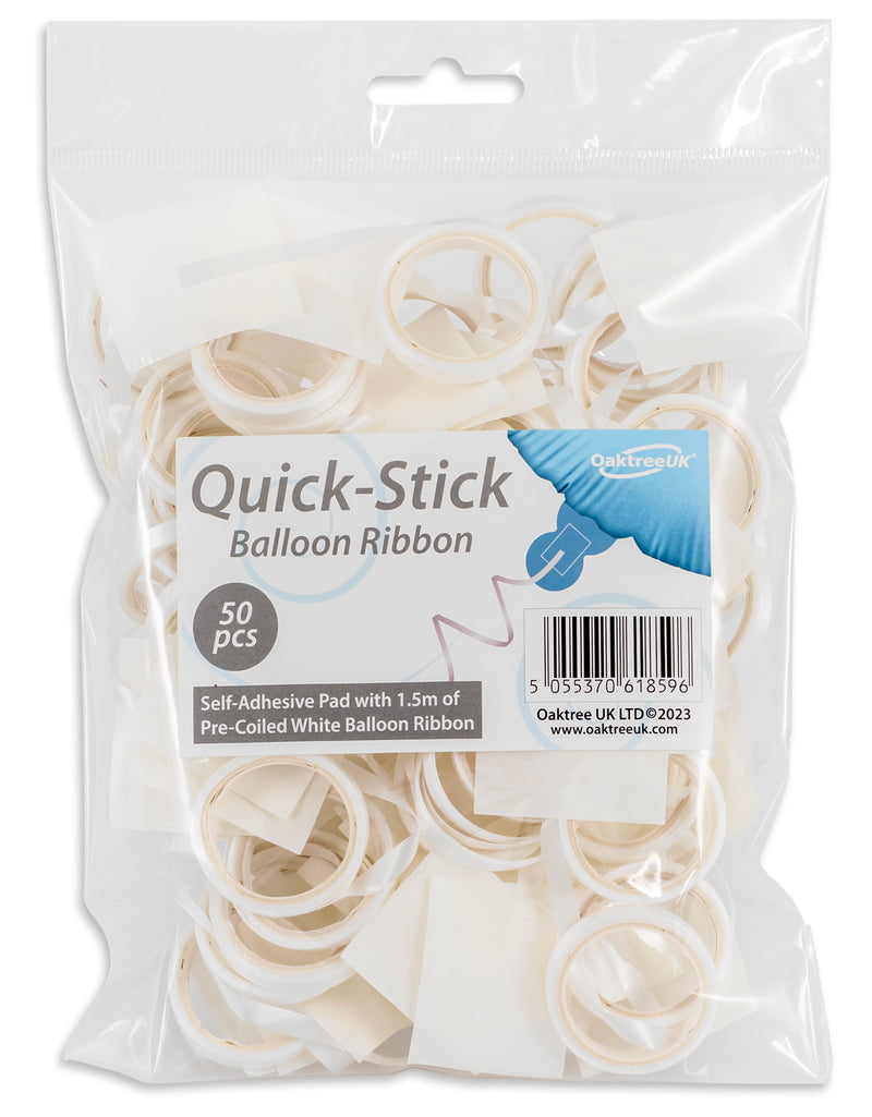 QUICK-STICK BALLOON RIBBON PRE-COILED WHITE 1.5M (50 PER BAG)
