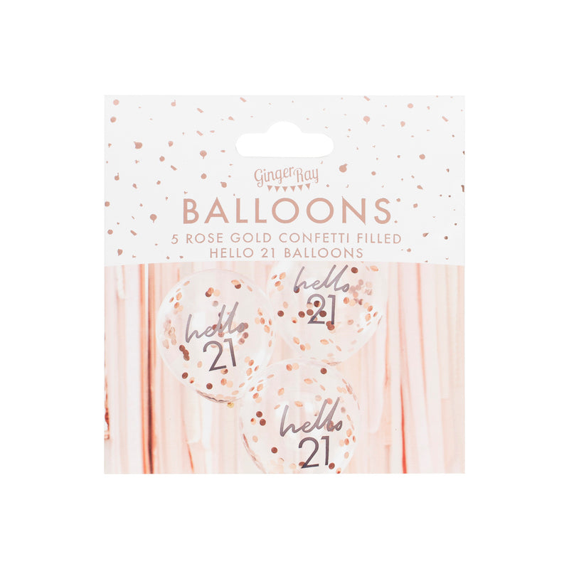 11" HELLO 21 ROSE GOLD CONFETTI FILLED LATEX (PACK OF 5)