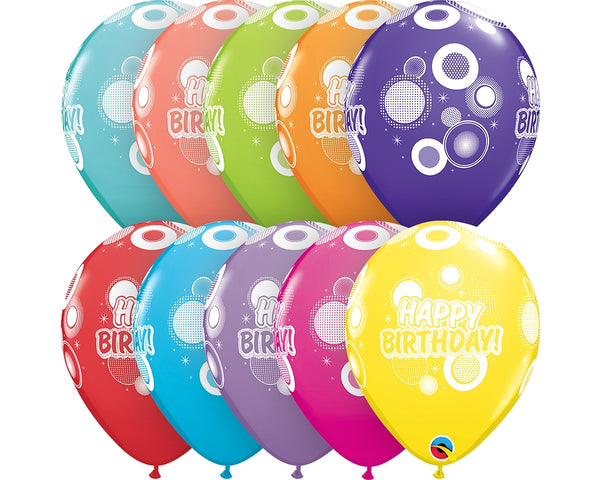 11" RETAIL LATEX BIRTHDAY DOTS & GLITZ/TROPICAL (6 BAGS OF 6 BALLOONS PER BAG)