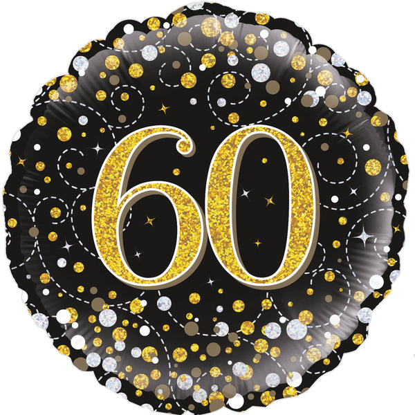 18" ROUND SPARKLING FIZZ 60TH BIRTHDAY BLACK & GOLD HOLOGRAPHIC FOIL