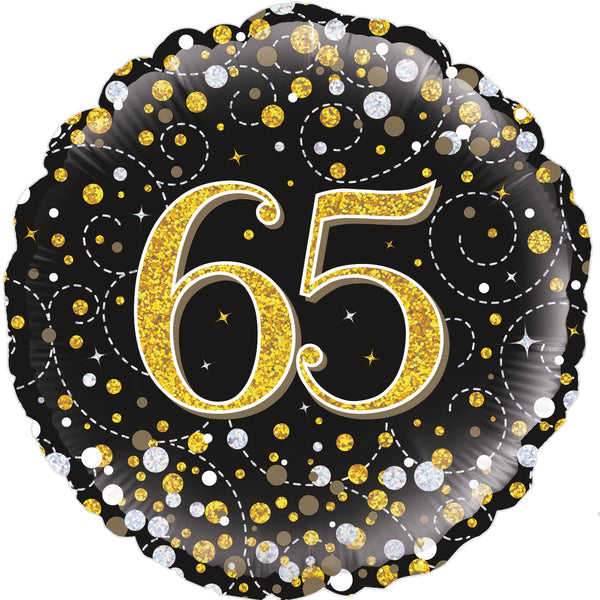 18" ROUND SPARKLING FIZZ 65TH BIRTHDAY BLACK & GOLD HOLOGRAPHIC FOIL