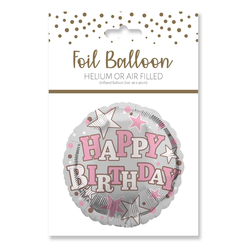 18" ROUND HAPPY BIRTHDAY SILVER AND PINK STARS FOIL