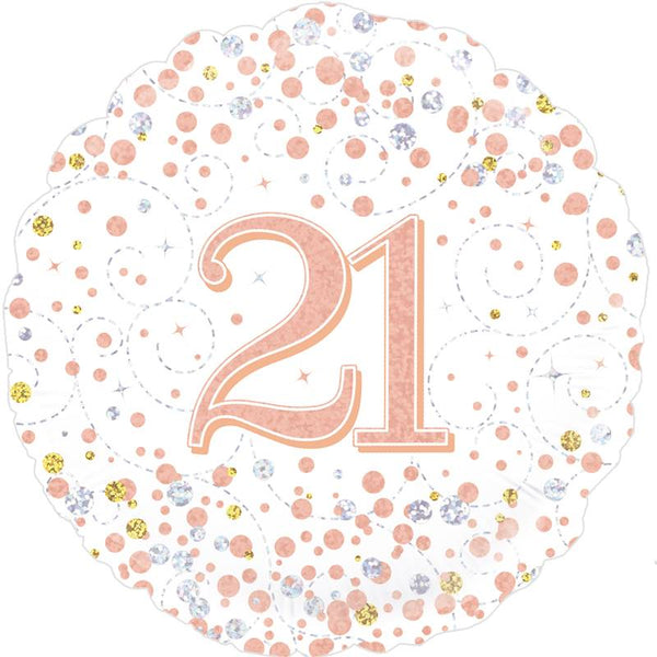 18" ROUND AGE 21  SPARKLING FIZZ BIRTHDAY WHITE & ROSE GOLD HOLOGRAPHIC FOIL