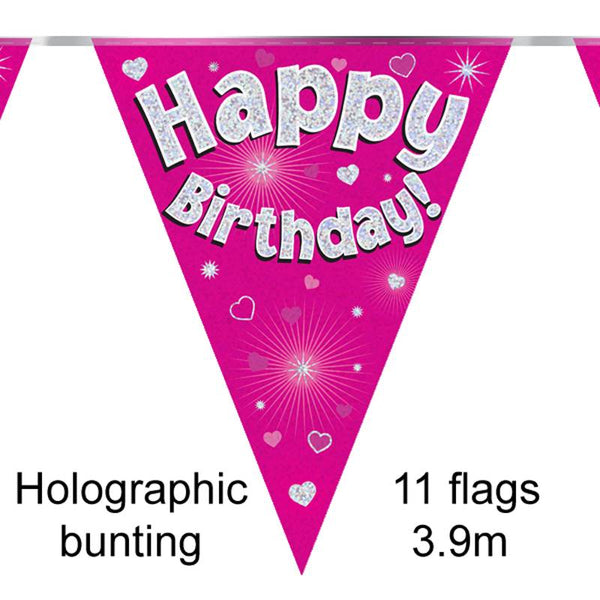 BUNTING HAPPY BIRTHDAY PINK HOLOGRAPHIC 11 FLAGS 3.9M