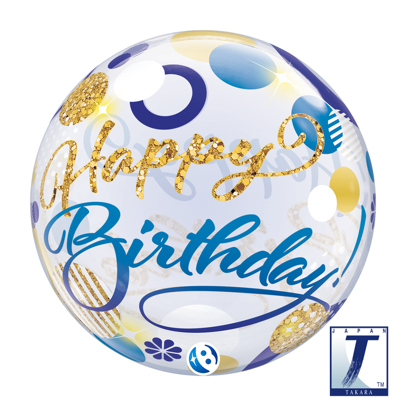 22" SINGLE BUBBLE BIRTHDAY BLUE & GOLD DOTS