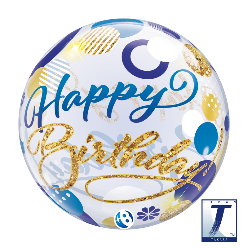 22" SINGLE BUBBLE BIRTHDAY BLUE & GOLD DOTS