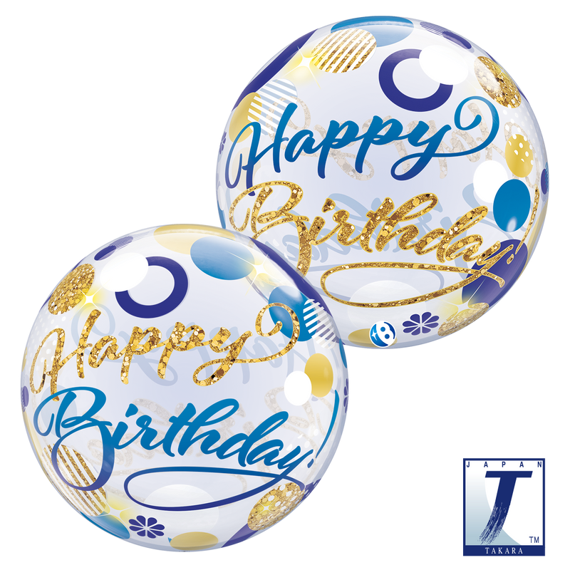 22" SINGLE BUBBLE BIRTHDAY BLUE & GOLD DOTS