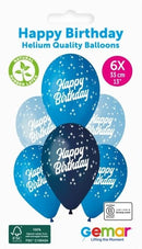 13" GEMAR RETAIL LATEX HAPPY BIRTHDAY BLUES (6 BALLOONS PER PACK)