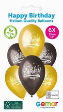 13" GEMAR RETAIL LATEX HAPPY BIRTHDAY GOLD/SPACE GREY (6 BALLOONS PER PACK)