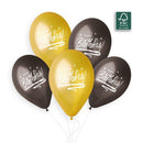 13" GEMAR RETAIL LATEX HAPPY BIRTHDAY GOLD/SPACE GREY (6 BALLOONS PER PACK)
