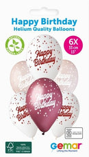13" GEMAR RETAIL LATEX HAPPY BIRTHDAY PINKS (6 BALLOONS PER PACK)