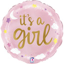 9" MINI ROUND IT'S A GIRL STARS & CLOUDS FOIL