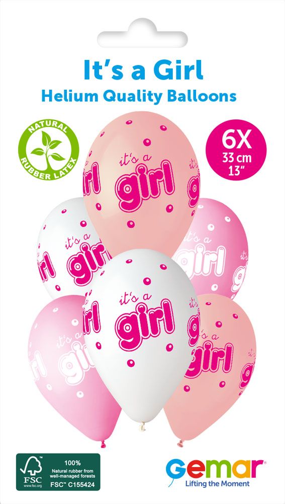 12" GEMAR RETAIL LATEX IT'S A GIRL #942 (6 BALLOONS PER PACK)