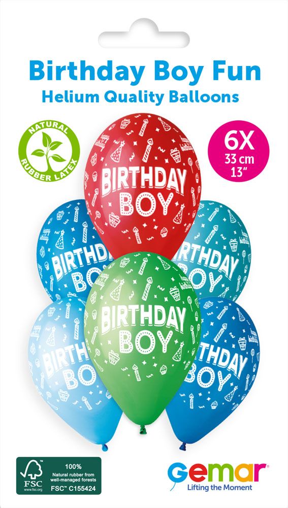 13" GEMAR RETAIL LATEX BIRTHDAY BOY FUN #478 (6 BALLOONS PER PACK)