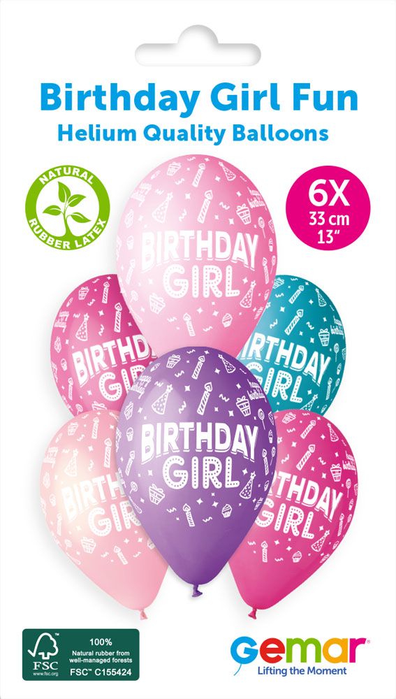 12" GEMAR RETAIL LATEX BIRTHDAY GIRL FUN #477 (6 BALLOONS PER PACK)