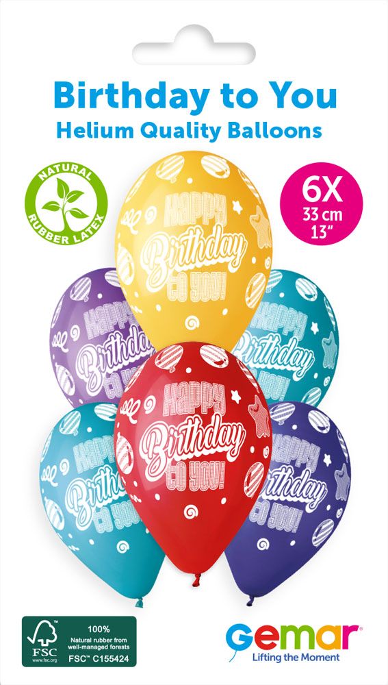 13" GEMAR RETAIL LATEX HAPPY BIRTHDAY TO YOU #878 (6 BALLOONS PER PACK)