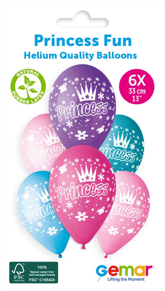 13" GEMAR RETAIL LATEX PRINCESS FUN #202 (6 BALLOONS PER PACK)