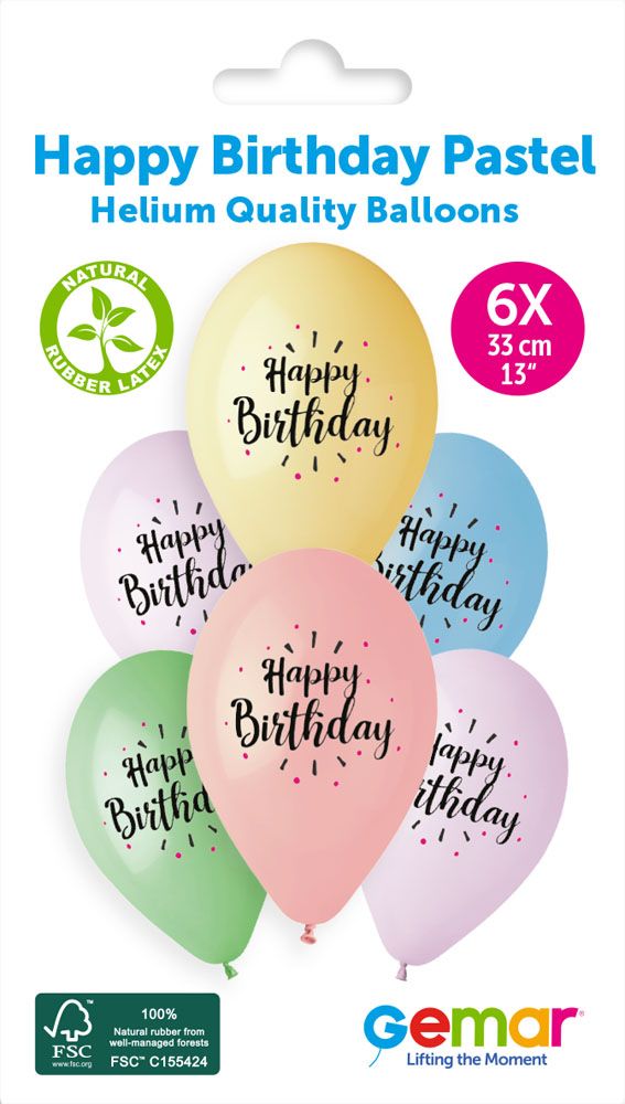 13" GEMAR RETAIL LATEX HAPPY BIRTHDAY PASTEL #888 (6 BALLOONS PER PACK)