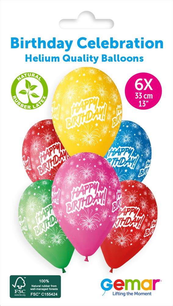 13" GEMAR RETAIL LATEX BIRTHDAY CELEBRATION #041 (6 BALLOONS PER PACK)