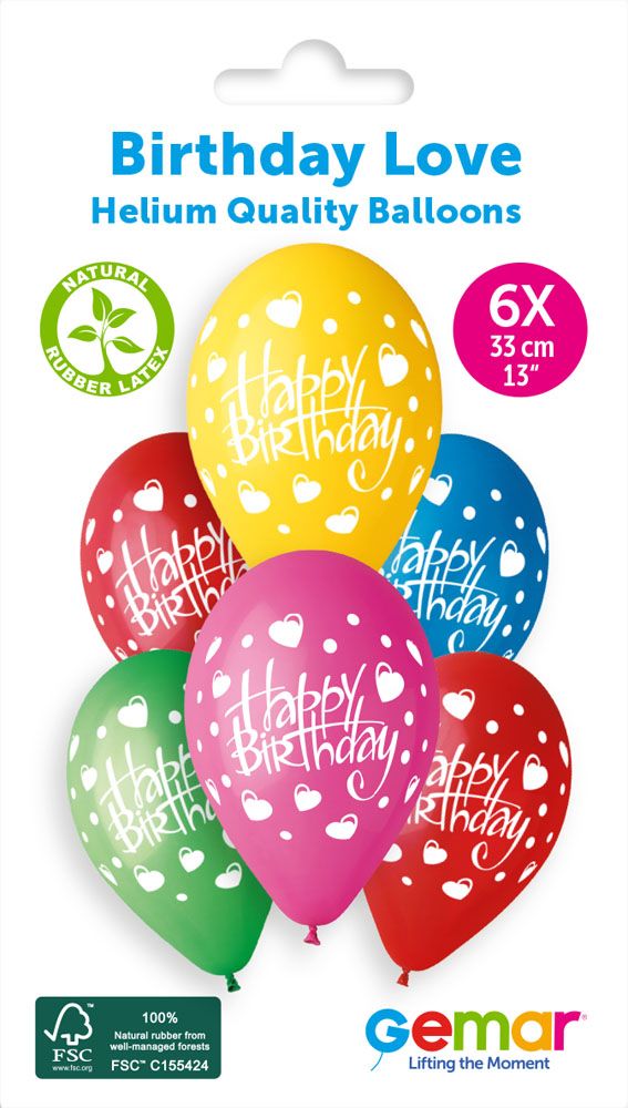 13" GEMAR RETAIL LATEX BIRTHDAY LOVE #191 (6 BALLOONS PER PACK)