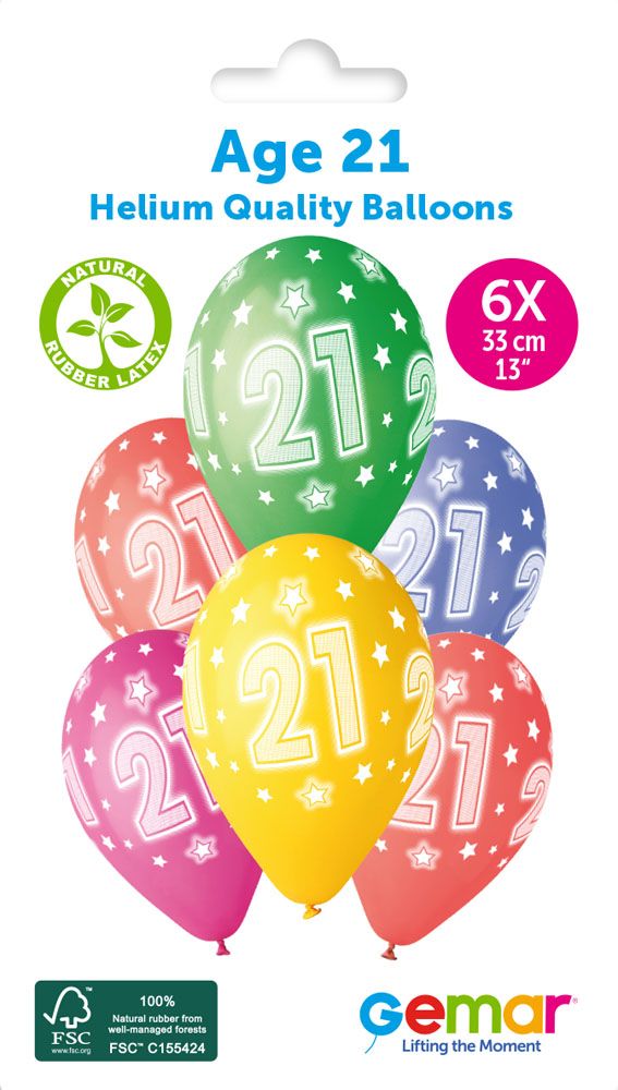 13" GEMAR RETAIL LATEX AGE 21 #877 (6 BALLOONS PER PACK)