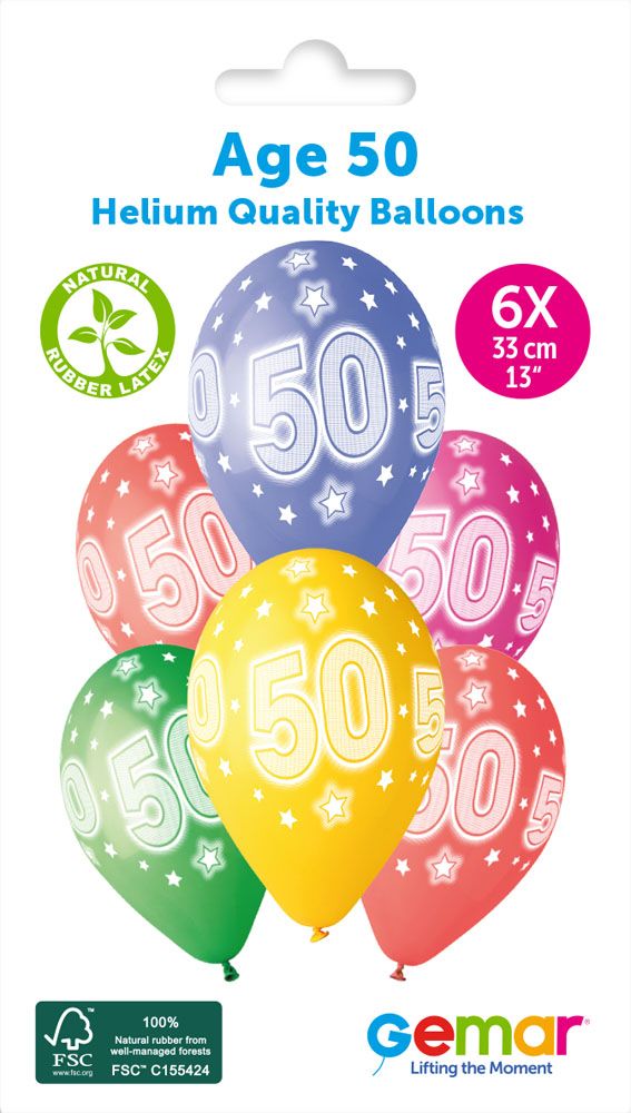 13" GEMAR RETAIL LATEX AGE 50 #873 (6 BALLOONS PER PACK)