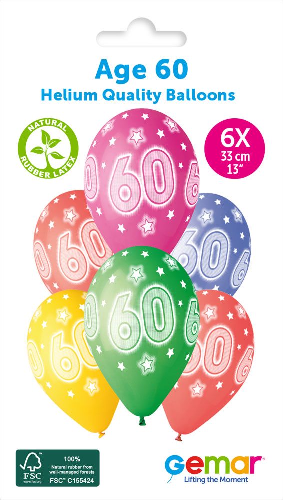 13" GEMAR RETAIL LATEX AGE 60 #931 (6 BALLOONS PER PACK)