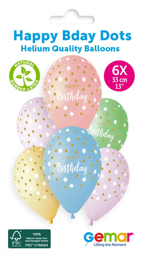 12" GEMAR RETAIL LATEX HAPPY BIRTHDAY DOTS #1041 (6 BALLOONS PER PACK)