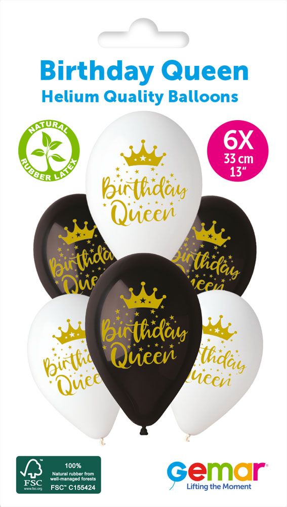 12" GEMAR RETAIL LATEX BIRTHDAY QUEEN #1215 (6 BALLOONS PER PACK)