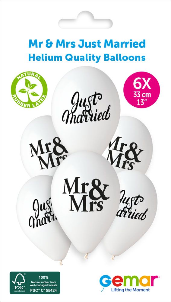 13" GEMAR RETAIL LATEX MR & MRS JUST MARRIED PASTEL #758-759 (6 BALLOONS PER PACK)