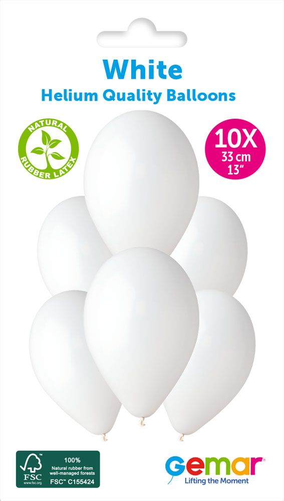 13" GEMAR RETAIL LATEX WHITE #001 (10 BALLOONS PER PACK)