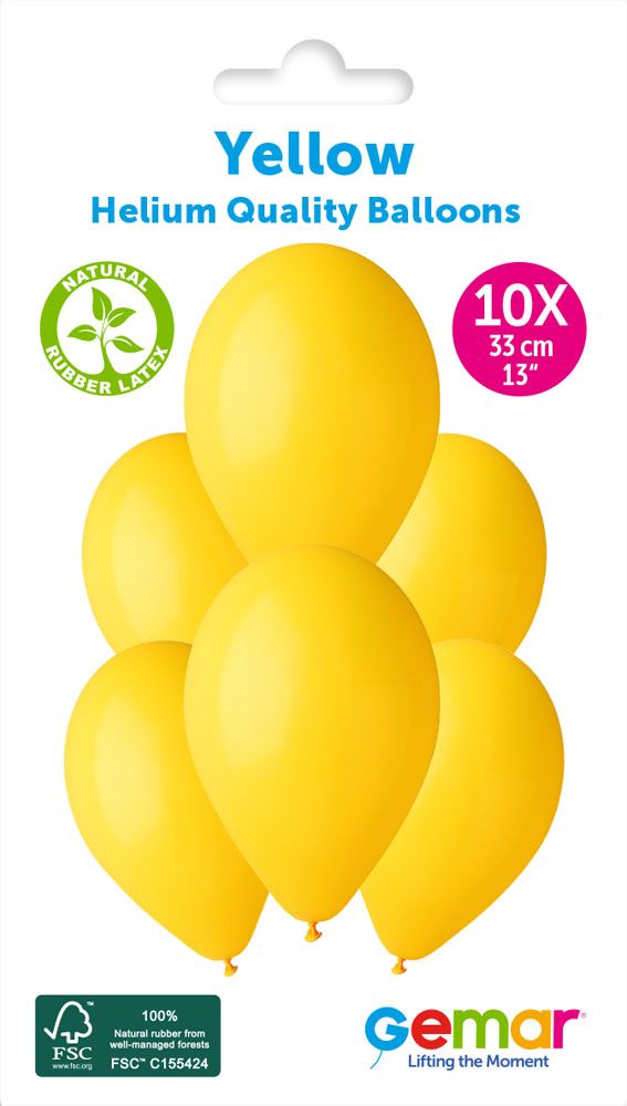 13" GEMAR RETAIL LATEX YELLOW #002 (10 BALLOONS PER PACK)