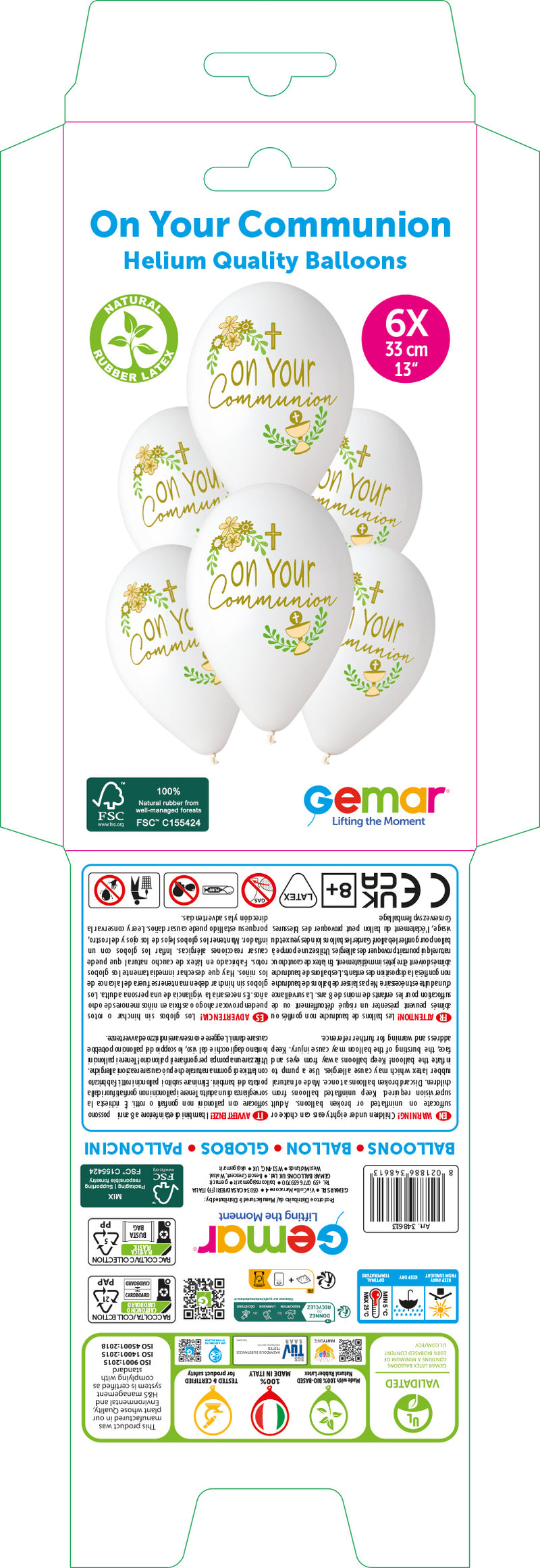 13" GEMAR RETAIL LATEX ON YOUR COMMUNION WHITE (6 BALLOONS PER PACK)