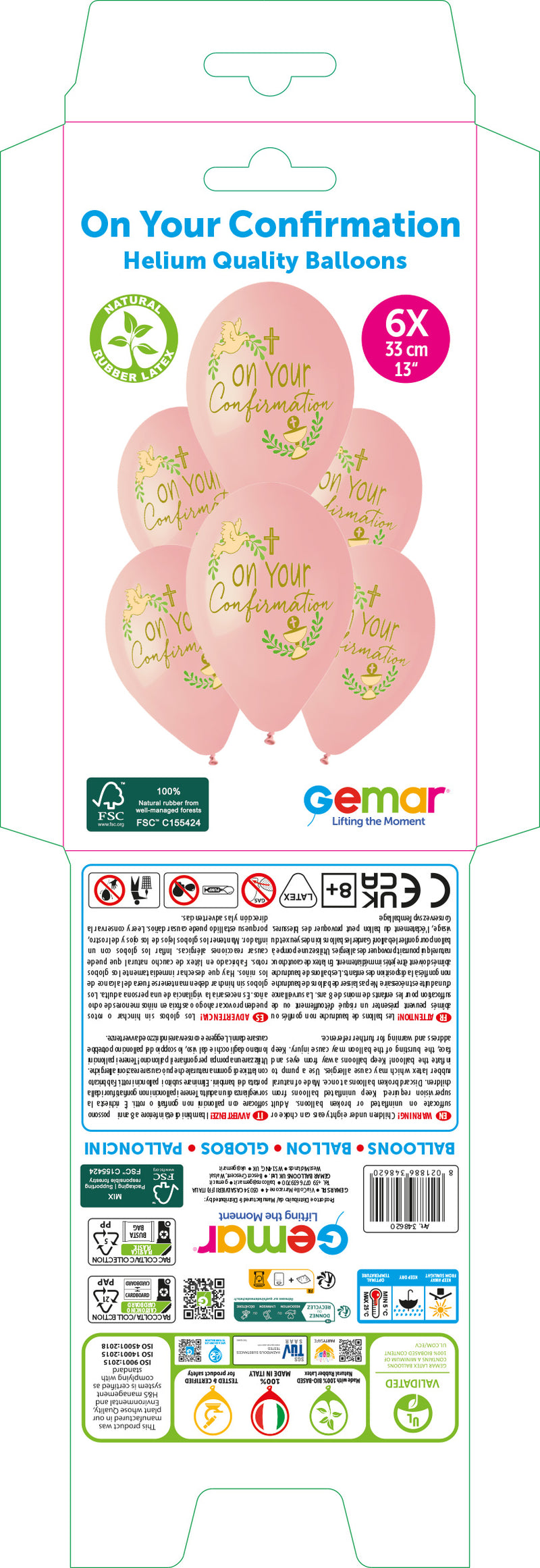 13" GEMAR RETAIL LATEX ON YOUR CONFIRMATION PINK (6 BALLOONS PER PACK)