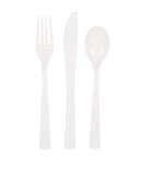 CUTLERY: WHITE SOLID ASSORTED PLASTIC CUTLERY (18 PER PACK)