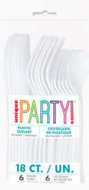 CUTLERY: WHITE SOLID ASSORTED PLASTIC CUTLERY (18 PER PACK)