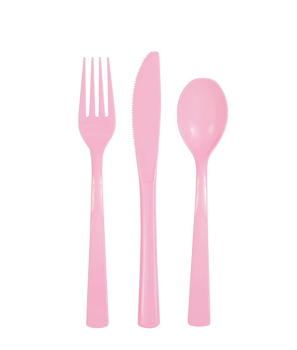 CUTLERY: LOVELY PINK SOLID ASSORTED PLASTIC CUTLERY (18 PER PACK)