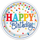 PLATES: 9" ROUND RAINBOW POLKA DOTS DINNER PLATES (8 PER PACK)