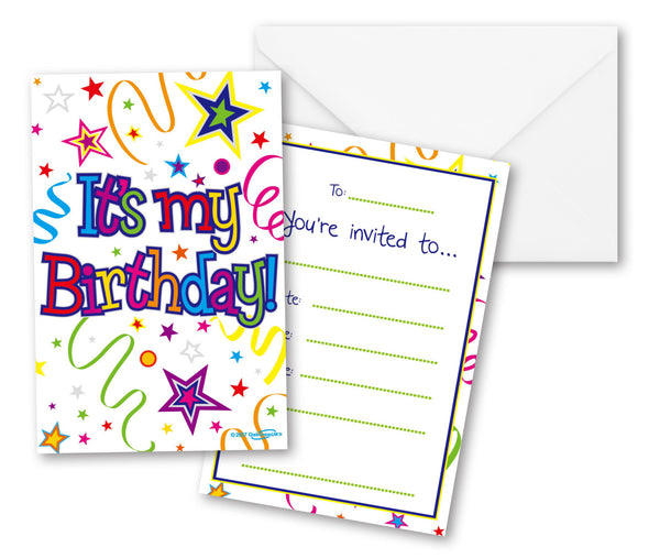 INVITES: IT'S MY PARTY RIBBONS & STARS INVITES / ENVELOPES (8 PER PACK)