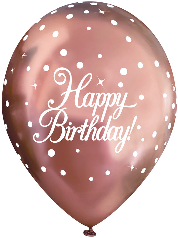 11" OAKTREE SPARKLING FIZZ ROSE GOLD HAPPY BIRTHDAY LATEX (6 PER PACK)