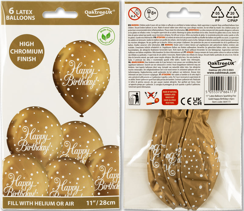 11" OAKTREE SPARKLING FIZZ GOLD HAPPY BIRTHDAY LATEX (6 PER PACK)