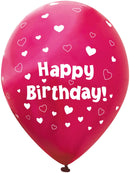 11" OAKTREE FUCHSIA HEARTS HAPPY BIRTHDAY LATEX (6 PER PACK)