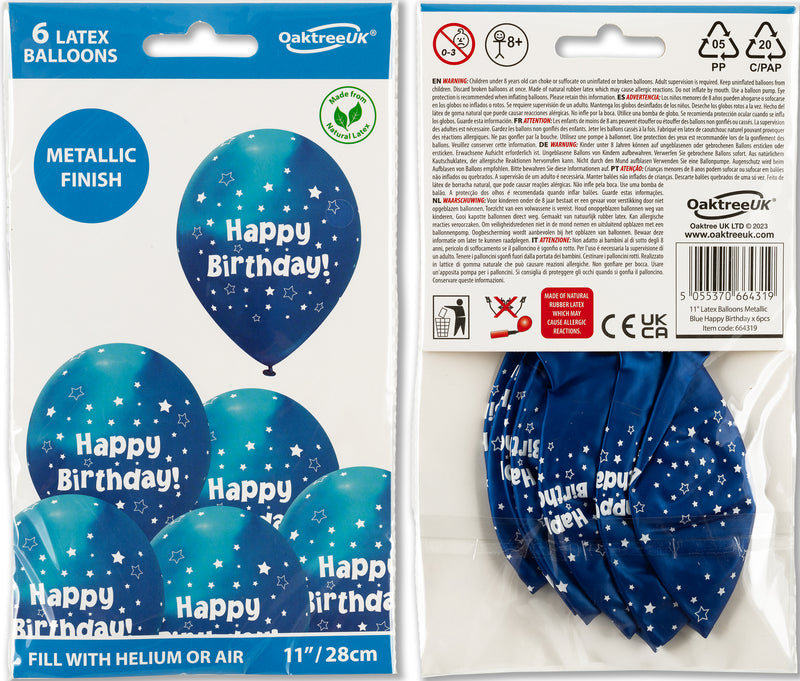 11" OAKTREE METALLIC BLUE STARS HAPPY BIRTHDAY LATEX (6 PER PACK)