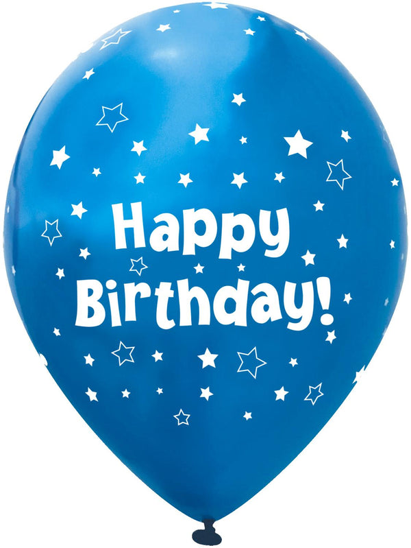 11" OAKTREE METALLIC BLUE STARS HAPPY BIRTHDAY LATEX (6 PER PACK)