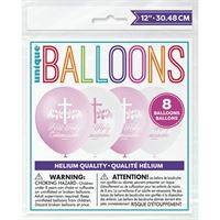 12" PINK HOLY CROSS FIRST HOLY COMMUNION LATEX BALLOONS (8 BALLOONS PER PACK)