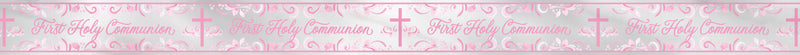 BANNER: 9FT PINK HOLY CROSS FIRST HOLY COMMUNION FOIL BANNER - LONG FOLD