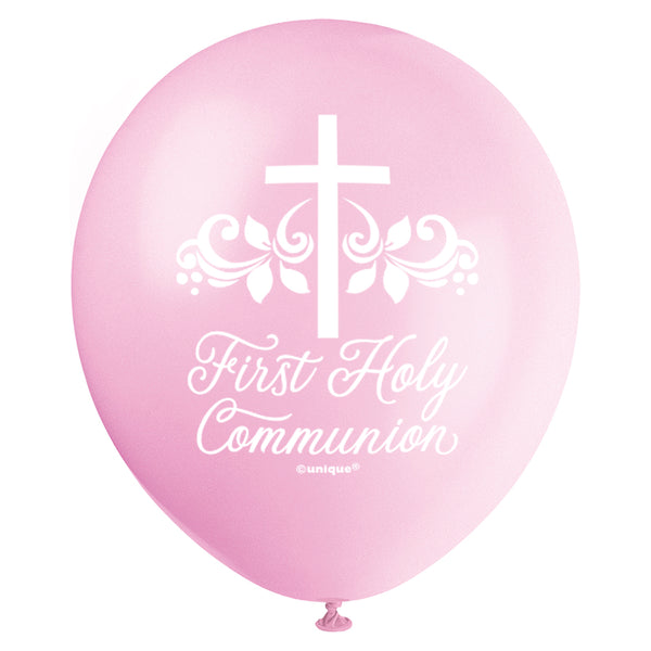 12" PINK HOLY CROSS FIRST HOLY COMMUNION LATEX BALLOONS (8 BALLOONS PER PACK)