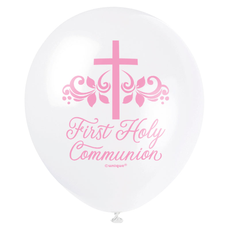 12" PINK HOLY CROSS FIRST HOLY COMMUNION LATEX BALLOONS (8 BALLOONS PER PACK)