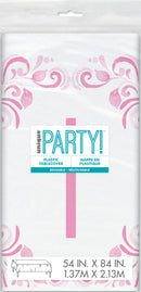 TABLECOVER: PINK HOLY CROSS RECTANGULAR PLASTIC TABLE COVER 54 X 84" (ONE PER PACK)