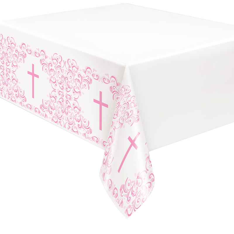TABLECOVER: PINK HOLY CROSS RECTANGULAR PLASTIC TABLE COVER 54 X 84" (ONE PER PACK)